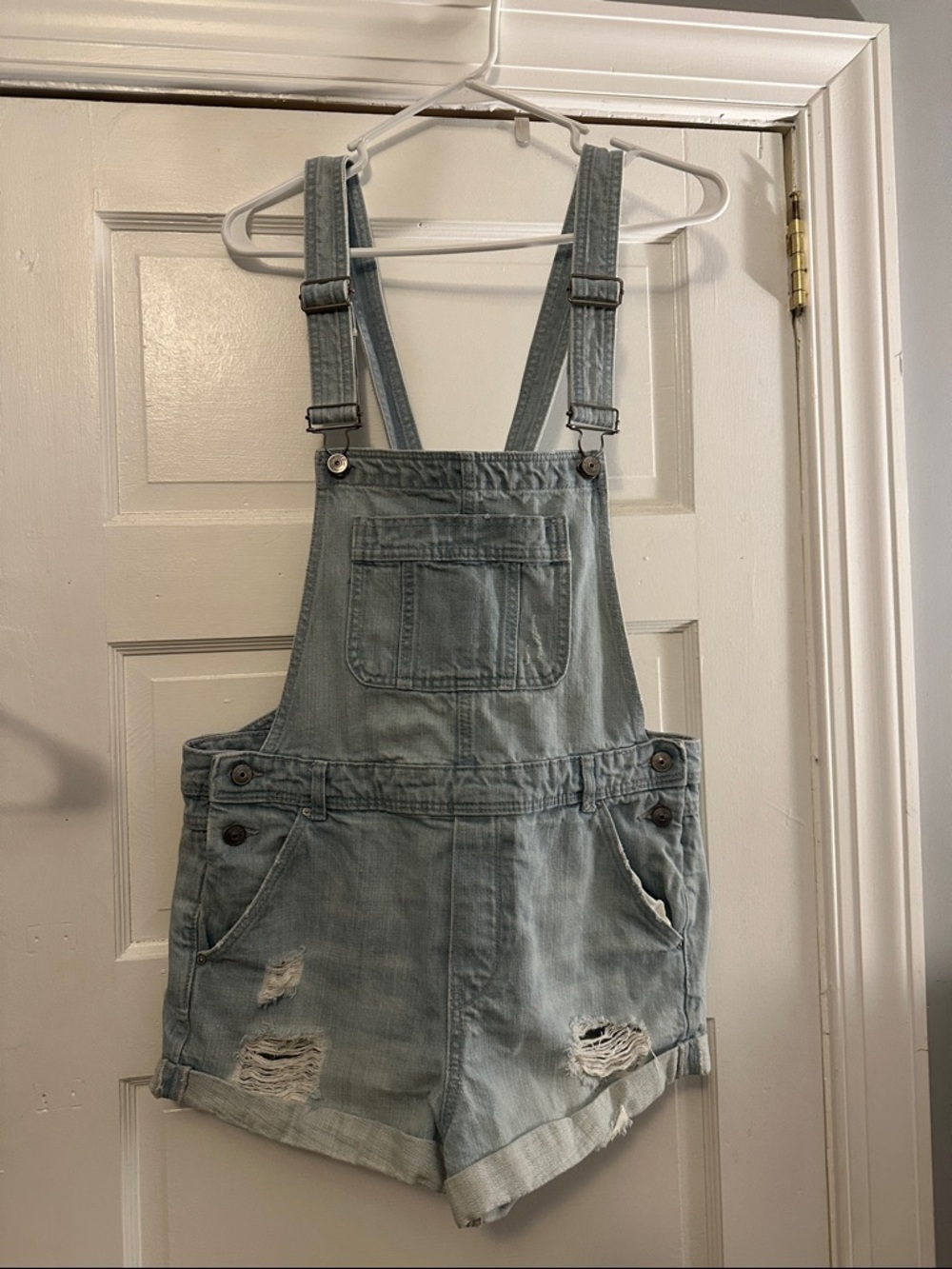 Light Wash Distressed Denim Short Overalls